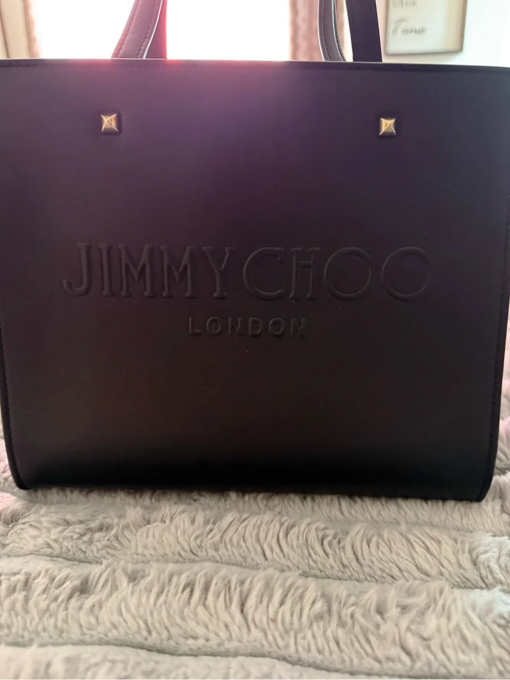 Jimmy Choo Black Leather Embossed Logo Tote